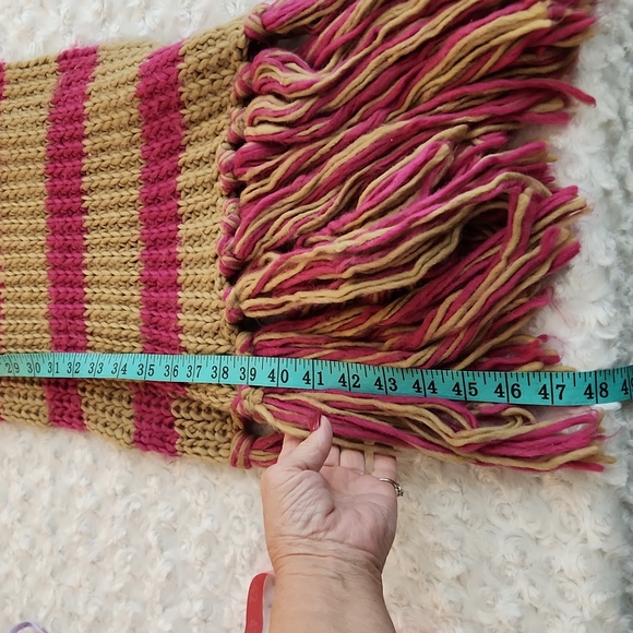 Michael Kors Stripe Fringe Knit Scarf Fushia Pink and Tan - Picture 11 of 12